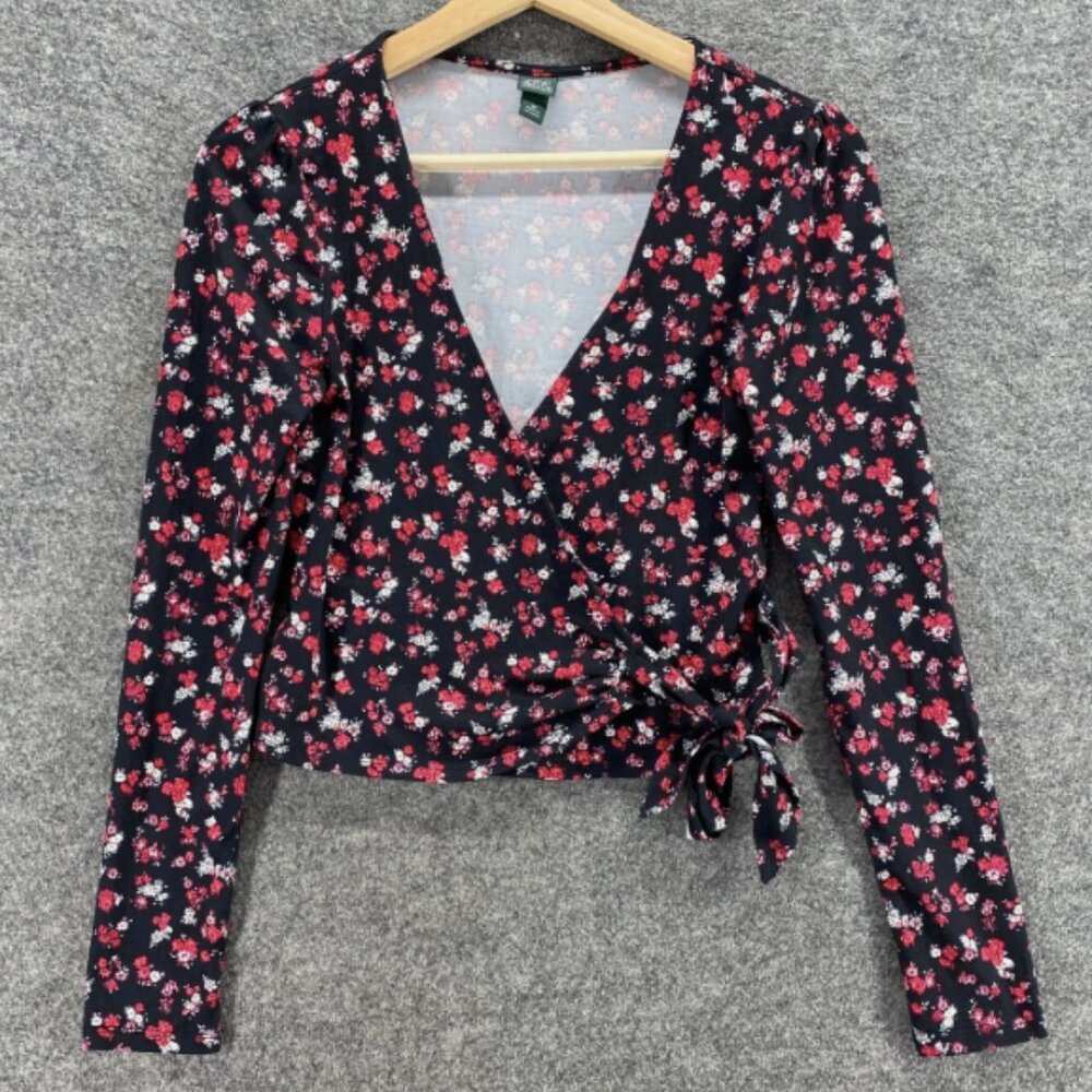 Wild Fable Black & Red Rose Long Sleeve Wrap Top Blouse New